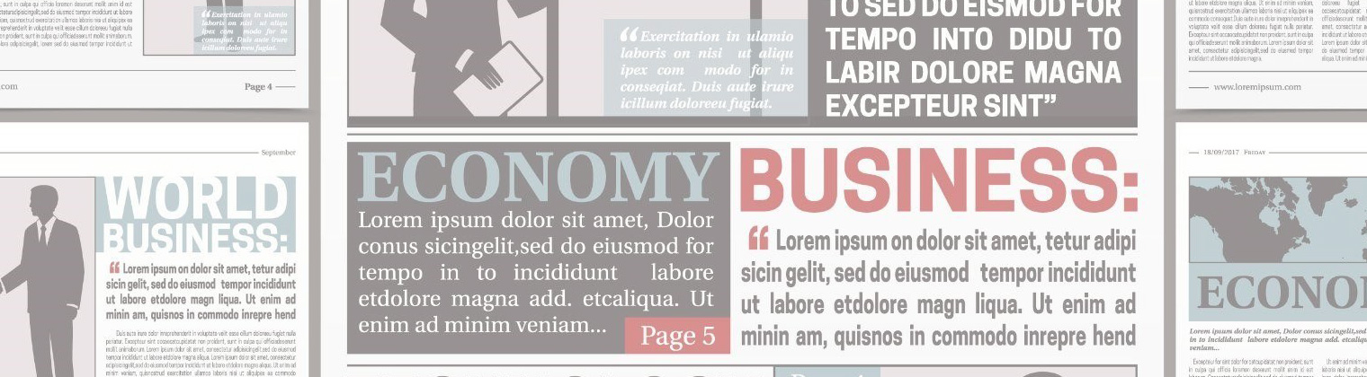 Image of different ads ranging from economy to world business in a paper about a company's business