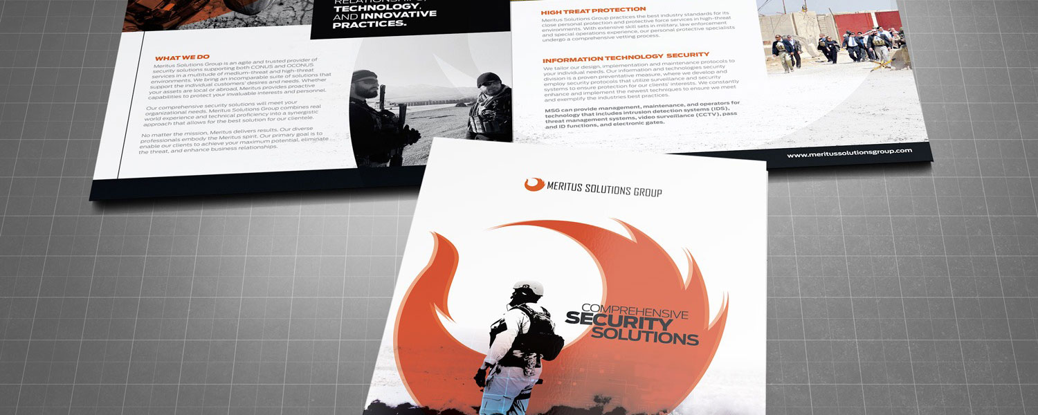 The three brochures of Meritus Solutions Group on a table