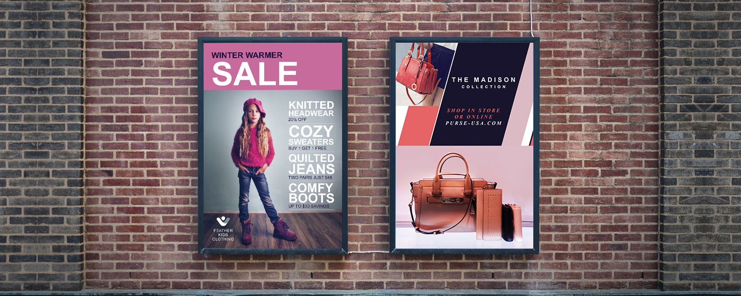 A poster on winter warmer sale and another one on Madison bags collection